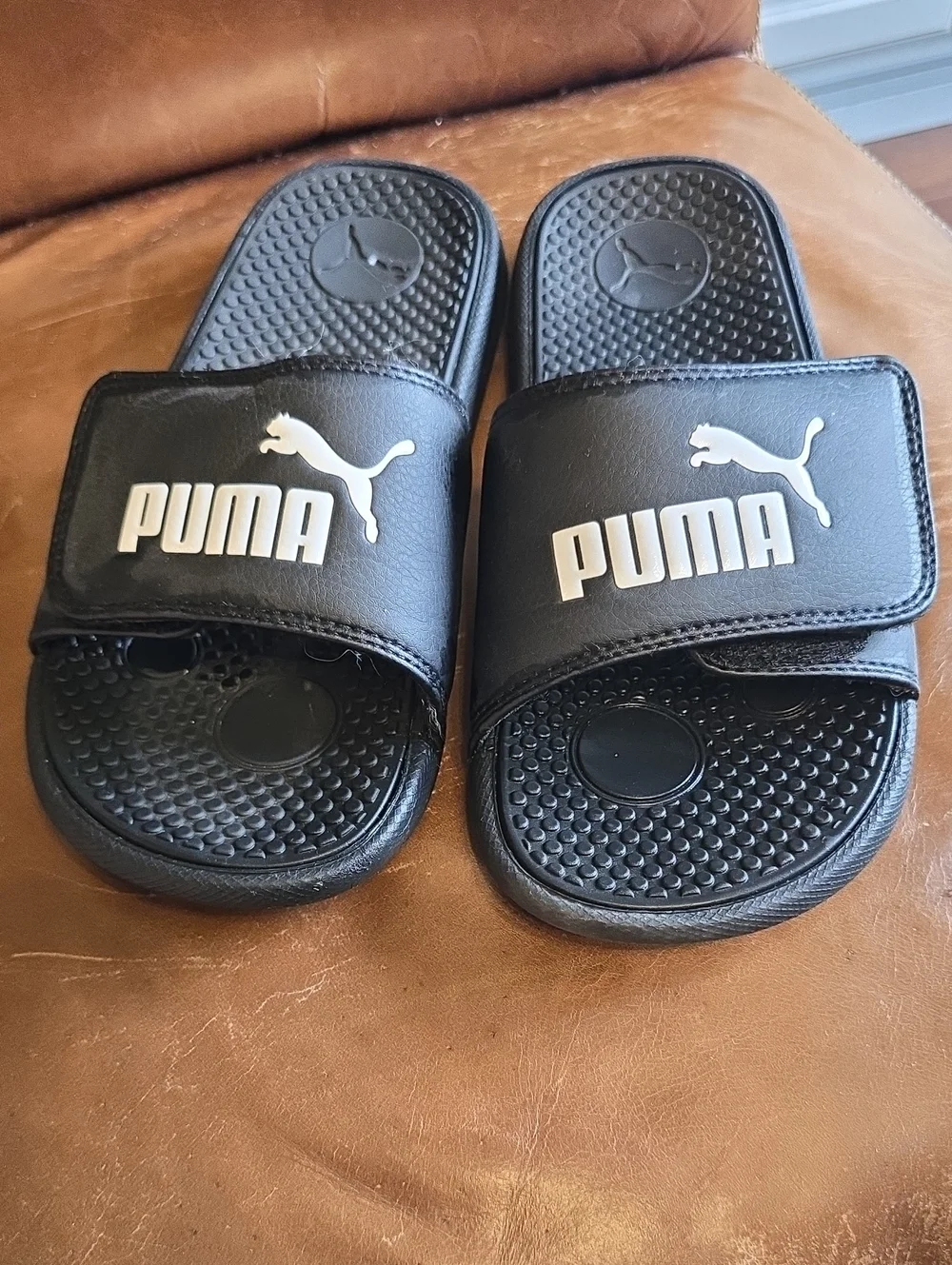 Puma Black Kids Adjustable Size 5 Slide Sandals with White Logo